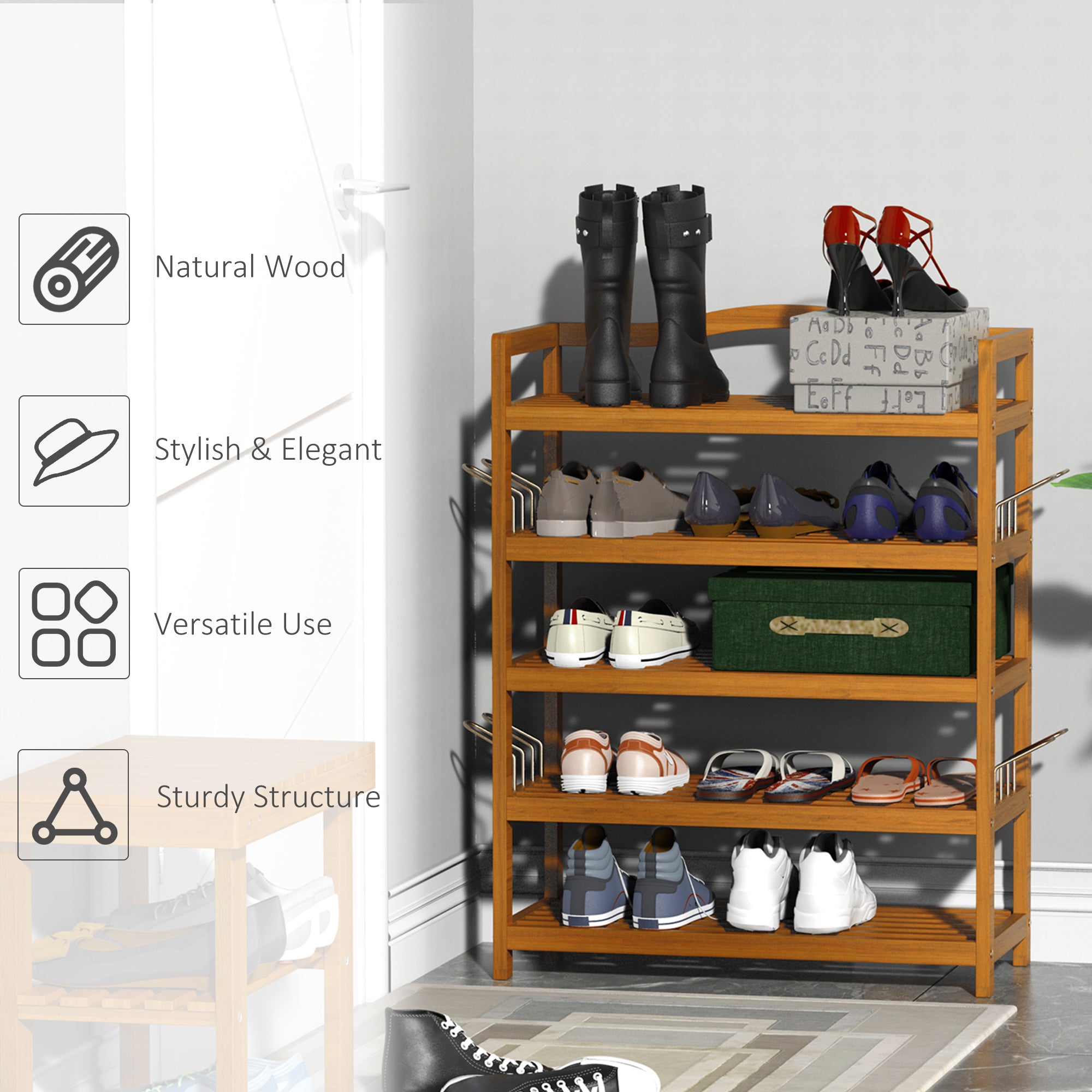 HOMCOM 5-Tier Shoe Rack, Acacia Wooden Shoe Storage Organiser with Hangers, Holds up to 19 Pairs, for Entryway, Living Room, 64 x 26 x 82 cm, Teak